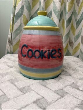 Ceramic Cookie Jar in Pastel Aqua, Pink & Yellow